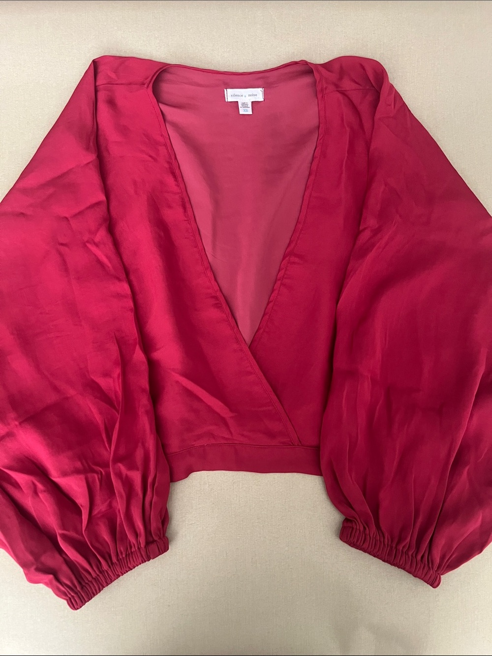silence + noise Red Satin Deep V Balloon Sleeve Blouse